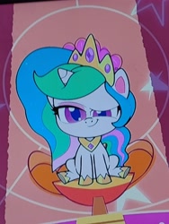 Size: 3468x4624 | Tagged: safe, screencap, princess celestia, alicorn, pony, g4.5, my little pony: pony life, princess probz, crown, female, hoof shoes, jewelry, mare, peytral, photo, picture of a screen, regalia, sitting, solo, upscaled