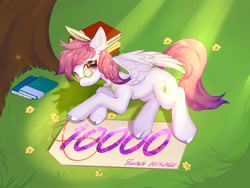 Size: 4000x3000 | Tagged: safe, artist:myriadstar, oc, oc only, oc:芳棠, pegasus, pony, book, female, glasses, grass, grass field, looking at you, lying down, mare, quill, solo