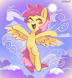 Size: 1289x1390 | Tagged: safe, artist:anarquer, dizzy twister, orange swirl, pegasus, pony, g4, :d, background pony, blush sticker, blushing, cloud, eyes closed, female, flying, happy, mare, mountain, open mouth, open smile, sky, smiling, solo, spread arms, spread wings, sun, wings
