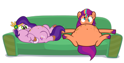 Size: 1920x983 | Tagged: safe, artist:grapefruit-face, pipp petals, sunny starscout, earth pony, pegasus, pony, g4, g5, adipipp, base used, belly, big belly, chubby cheeks, derp, duo, duo female, fat, female, g5 to g4, generation leap, mane stripe sunny, mare, simple background, stuffed, transparent background, tubby starscout