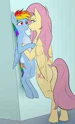 Size: 2178x3588 | Tagged: safe, alternate version, artist:fluffyorbiter, derpibooru exclusive, fluttershy, rainbow dash, pegasus, pony, g4, against wall, anticipation, bedroom eyes, bipedal, butt, chest fluff, dock, duo, duo female, female, flutterbutt, height difference, high res, holding a pony, kabedon, lesbian, lifting, lifting ponies, looking at each other, looking at someone, mare, meme, pale belly, plot, ponified meme, ship:flutterdash, shipping, simple background, size difference, smoldash, surprised, tail, tallershy, wings