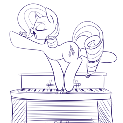 Size: 2000x2000 | Tagged: safe, artist:maren, rarity, pony, unicorn, g4, 2014, dancing, doodle, eyes closed, female, high res, mare, musical instrument, old art, open mouth, piano, simple background, solo, standing on two hooves, white background
