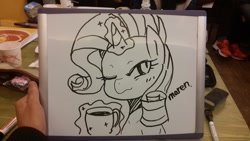 Size: 1040x585 | Tagged: safe, artist:maren, rarity, pony, unicorn, g4, 2014, bust, cup, doodle, female, levitation, magic, mare, marker drawing, old art, one eye closed, solo, telekinesis, traditional art, wavy mouth