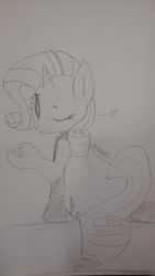 Size: 585x1040 | Tagged: safe, artist:maren, rarity, pony, unicorn, g4, 2015, blowing a kiss, doodle, female, looking back, mare, old art, one eye closed, raised hoof, sitting, solo, traditional art