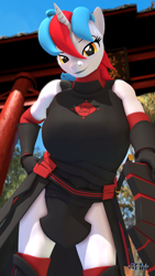Size: 1080x1920 | Tagged: safe, artist:anthroponiessfm, oc, oc:audina puzzle, unicorn, anthro, 3d, anthro oc, armor, big breasts, breasts, clothes, female, gloves, looking at you, shield, shoes, smug, source filmmaker, sword, weapon