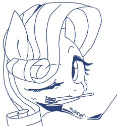 Size: 2125x2294 | Tagged: safe, artist:maren, rarity, pony, unicorn, aside glance, bust, doodle, female, high res, looking at you, mare, mouth hold, one eye closed, paintbrush, smiling, solo