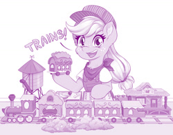 Size: 1280x1003 | Tagged: safe, artist:dstears, applejack, earth pony, pony, g4, clothes, cute, ear fluff, female, jackabetes, looking at you, mare, model train, monochrome, simple background, smiling, smiling at you, solo, tank engine, train, train station, white background
