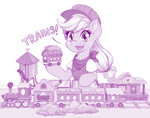Size: 1280x1003 | Tagged: safe, artist:dstears, applejack, earth pony, pony, clothes, cute, ear fluff, female, jackabetes, looking at you, mare, model train, monochrome, simple background, smiling, smiling at you, solo, train, train station, white background