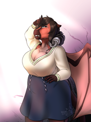 Size: 2880x3870 | Tagged: safe, artist:blackblood-queen, oc, oc only, oc:lady lovegreen, dracony, dragon, hybrid, anthro, unguligrade anthro, anthro oc, big breasts, breasts, cleavage, crying, digital art, fangs, female, floppy ears, high res, mare, milf, sharp nails, shortstack, solo, story in the source, sunlight