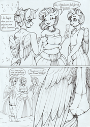 Size: 2470x3491 | Tagged: safe, artist:longinius, twilight sparkle, alicorn, pegasus, unicorn, anthro, comic:a matter of discretion, g4, beauty mark, blushing, breasts, champagne glass, cleavage, clothes, comic, dress, ear piercing, earring, female, high res, jewelry, monochrome, necklace, pearl necklace, piercing, rear view, speech bubble, tail, tail hole, traditional art, twilight sparkle (alicorn)