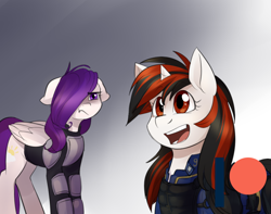 Size: 950x750 | Tagged: safe, artist:cosmalumi, oc, oc:blackjack, oc:morning glory (project horizons), pegasus, pony, unicorn, fallout equestria, fallout equestria: project horizons, armor, clothes, cute, duo, floppy ears, horn, patreon, patreon logo, small horn, smiling, vault security armor
