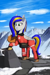 Size: 1200x1800 | Tagged: safe, artist:apuljack, oc, oc only, oc:eagle fly, pegasus, pony, clothes, female, mare, medic bag, mountain, mountain rescue, stretcher, uniform