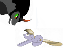 Size: 1134x877 | Tagged: safe, artist:coffeehorse, derpibooru exclusive, amber waves, king sombra, crystal pony, the crystal empire 10th anniversary, g4, arched back, behaving like a cat, ears back, scared, simple background, white background