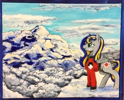 Size: 2048x1652 | Tagged: safe, artist:colorsceempainting, oc, oc only, oc:eagle fly, cloud, female, mare, mountain, mountain rescue, painting, rescue, solo