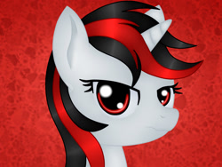 Size: 1024x768 | Tagged: artist needed, safe, oc, oc only, oc:blackjack, pony, unicorn, fallout equestria, fallout equestria: project horizons, angry, bust, looking at you, portrait, red background, scowl, simple background, solo
