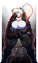 Size: 770x1280 | Tagged: safe, artist:0r0ch1, oc, oc:gwynn, griffon, anthro, bangs, big breasts, boots, bow, breasts, chains, choker, city, cityscape, clothes, female, griffon oc, gun, hair bow, jacket, jewelry, leather, leather jacket, leonine tail, looking offscreen, necklace, ponytail, shoes, solo, tail, thigh boots, thighs, thunder thighs, weapon, white shirt, wings