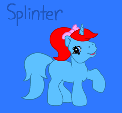 Size: 753x698 | Tagged: safe, artist:mlpfanboy579, bird, pony, unicorn, woodpecker, g3, blue background, blue eyes, blue tail, female, filly, foal, full body, hooves, ponified, raised hoof, raised leg, red hair, red mane, simple background, smiling, solo, standing, tail, the new woody woodpecker show, woody woodpecker (series)