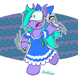 Size: 2948x2948 | Tagged: safe, artist:silvaqular, oc, oc:cyanette, earth pony, semi-anthro, balancing, blinded, bow, clothes, dress, elf ears, fear, headset, panic, scared, screaming, solo, stumbling, virtual reality, vr headset, wave, waving