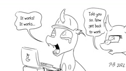 Size: 1200x675 | Tagged: safe, artist:pony-berserker, oc, oc:berzie, oc:stainless key, pony-berserker's twitter sketches, computer, crying, drawing tablet, laptop computer, pony-berserker's twitter sketches (2022)