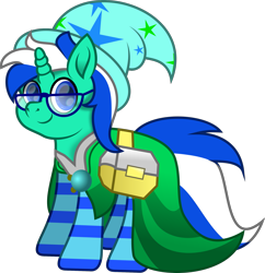 Size: 2085x2150 | Tagged: safe, artist:php178, derpibooru exclusive, oc, oc only, oc:rainy, pony, unicorn, 2023 community collab, derpibooru community collaboration, .svg available, bag, blue, blue eyes, brooch, cape, clothes, colored pupils, glasses, hat, high res, horn, inkscape, jewelry, looking at you, mage, male, movie accurate, pin, saddle bag, simple background, smiling, smiling at you, socks, solo, stallion, stallion oc, striped mane, striped socks, striped tail, svg, tail, transparent background, two toned mane, two toned tail, unicorn oc, vector, wizard hat
