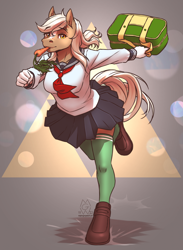 Size: 1642x2244 | Tagged: safe, artist:mykegreywolf, horse, anthro, unguligrade anthro, bag, breasts, carrot, clothes, coat markings, epona, food, herbivore, japanese, long sleeved shirt, long sleeves, markings, miniskirt, running, sailor uniform, school uniform, schoolgirl, schoolgirl toast, shirt, shoes, skirt, socks, socks (coat markings), solo, the legend of zelda, thigh highs, thigh socks, triforce, uniform