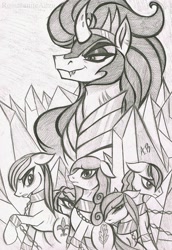 Size: 1557x2269 | Tagged: safe, artist:rossmaniteanzu, king sombra, crystal pony, unicorn, the crystal empire 10th anniversary, antagonist, chains, crystal, crystal empire, pencil drawing, traditional art
