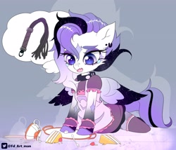 Size: 3500x3000 | Tagged: safe, artist:fd, oc, oc only, pegasus, pony, cake, cake slice, clothes, crying, cup, food, fork, high res, implied punishment, kneeling, maid, plate, solo, spilled drink, teacup, thought bubble, whip, zoom layer