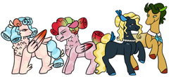 Size: 1280x565 | Tagged: safe, artist:eonionic, cozy glow, oc, oc:illuminant queen, oc:rosy prune, oc:tendersweet, earth pony, pegasus, pony, g4, angry, bow, chest fluff, coat markings, colored ears, colored hooves, colored wings, cozy glow's father, cozy glow's mother, cozy glow's parents, earth pony oc, female, freckles, gradient mane, gradient wings, hair bun, headcanon, jewelry, missing cutie mark, mother and child, mother and daughter, necklace, necktie, no pupils, pearl necklace, pegasus oc, simple background, tail, tail bow, unshorn fetlocks, white background, wings