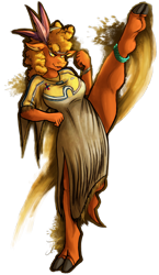 Size: 1014x1750 | Tagged: safe, artist:jamescorck, little strongheart, bison, buffalo, anthro, unguligrade anthro, g4, anklet, breasts, clothes, cloven hooves, curly hair, dress, female, flexible, headdress, high kick, jewelry, kicking, older, older little strongheart, simple background, soles, solo, splits, stretching, thighs, transparent background
