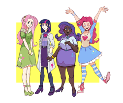Size: 2952x2480 | Tagged: safe, artist:induk13, fluttershy, pinkie pie, rarity, twilight sparkle, human, g4, clothes, dark skin, dress, female, group, hand in pocket, hands together, high heels, high res, human coloration, humanized, lab coat, looking at you, open mouth, open smile, pantyhose, passepartout, shoes, simple background, skirt, smiling, smiling at you, socks, standing, standing on one leg, striped socks, thigh highs, white background