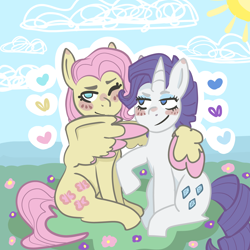 Size: 5000x5000 | Tagged: safe, artist:sapphireshoress, fluttershy, rarity, pegasus, pony, unicorn, g4, absurd resolution, blushing, colored wings, colored wingtips, commission, female, heart, hug, lesbian, mare, no pupils, one eye closed, ship:flarity, shipping, sitting, winghug, wings