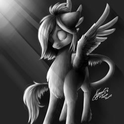 Size: 1024x1024 | Tagged: safe, artist:avroras_world, oc, oc only, pegasus, pony, chest fluff, eyes closed, female, grayscale, mare, monochrome, pegasus oc, signature, smiling, solo, wings