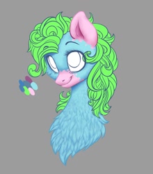 Size: 900x1024 | Tagged: safe, artist:avroras_world, oc, oc only, earth pony, pony, bust, chest fluff, earth pony oc, eyelashes, female, gray background, mare, signature, simple background, smiling, solo