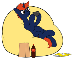 Size: 2605x2226 | Tagged: safe, artist:hbgxh, oc, oc only, oc:fizark catto, pony, unicorn, belly button, cellphone, coca-cola, high res, horn, lying down, male, phone, simple background, unicorn oc, white background