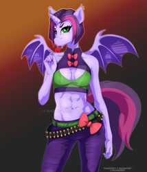 Size: 1280x1494 | Tagged: safe, artist:mazinga669, oc, oc only, alicorn, bat pony, bat pony alicorn, anthro, abs, abstract background, bat pony oc, bat wings, bow, candy, clothes, deviantart watermark, female, food, horn, lollipop, midriff, nail polish, obtrusive watermark, pants, watermark, wings