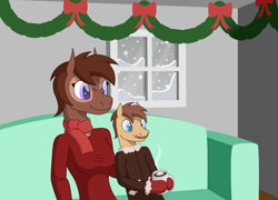 Size: 3878x2794 | Tagged: safe, artist:emc-blingds, oc, oc only, earth pony, anthro, chocolate, clothes, duo, earth pony oc, female, food, high res, hot chocolate, male, scarf, sitting, smiling