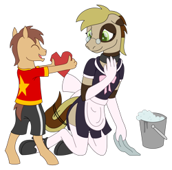Size: 2818x2798 | Tagged: safe, artist:emc-blingds, oc, oc only, earth pony, anthro, apron, bucket, cleaning, clothes, duo, earth pony oc, female, glasses, high res, kneeling, maid, male, shorts, simple background, smiling, story included, transparent background