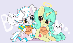 Size: 3000x1767 | Tagged: safe, artist:yomechka, oc, oc only, ghost, pony, undead, unicorn, candle, chibi, commission, duo, eye clipping through hair, halo, horn, pumpkin bucket, sitting, smiling, unicorn oc, ych result