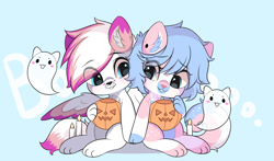 Size: 3000x1767 | Tagged: safe, artist:yomechka, oc, oc only, ghost, hybrid, pony, undead, candle, chibi, commission, duo, ear fluff, eye clipping through hair, pumpkin bucket, sitting, smiling, wings, ych result