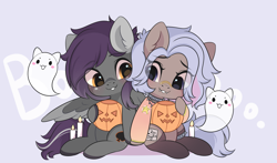 Size: 3000x1767 | Tagged: safe, artist:yomechka, oc, oc only, ghost, pegasus, pony, undead, candle, chibi, clothes, commission, duo, eye clipping through hair, pegasus oc, pumpkin bucket, sitting, smiling, socks, wings, ych result