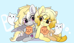 Size: 3000x1767 | Tagged: safe, artist:yomechka, oc, oc only, ghost, pegasus, pony, undead, candle, chibi, choker, commission, duo, eye clipping through hair, pegasus oc, pumpkin bucket, sitting, smiling, wings, ych result