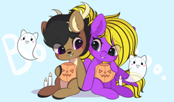 Size: 3000x1767 | Tagged: safe, artist:yomechka, oc, oc only, ghost, pegasus, pony, undead, antlers, candle, chibi, commission, duo, eye clipping through hair, pegasus oc, pumpkin bucket, sitting, smiling, wings, ych result