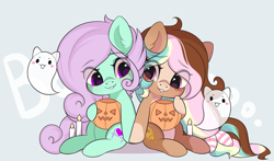 Size: 3000x1767 | Tagged: safe, artist:yomechka, oc, oc only, earth pony, ghost, pony, undead, candle, chibi, commission, duo, earth pony oc, eye clipping through hair, pumpkin bucket, sitting, smiling, ych result
