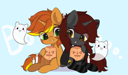 Size: 3000x1767 | Tagged: safe, artist:yomechka, oc, oc only, oc:ember stone, oc:radray, ghost, pony, undead, unicorn, candle, chibi, clothes, commission, couple, duo, eye clipping through hair, halloween, holding hooves, holiday, horn, looking at each other, love, pumpkin bucket, sitting, smiling, socks, striped socks, unicorn oc, ych result