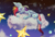 Size: 2325x1585 | Tagged: safe, artist:bananitryi, rainbow dash, pegasus, pony, g4, cloud, eyelashes, eyes closed, female, mare, nap, night, night sky, onomatopoeia, sky, sleeping, smiling, solo, sound effects, stars, zzz