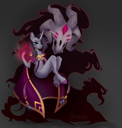 Size: 1908x2000 | Tagged: safe, artist:laloplya, fhtng th§ ¿nsp§kbl, oleander (tfh), classical unicorn, demon, unicorn, anthro, them's fightin' herds, cape, clothes, cloven hooves, colored hooves, community related, dark background, duo, female, floating, glowing hands, horn, leonine tail, skull, unshorn fetlocks