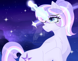 Size: 1280x1014 | Tagged: safe, artist:existencecosmos188, oc, oc only, pony, unicorn, deviantart watermark, female, glowing, glowing horn, horn, mare, night, obtrusive watermark, one eye closed, outdoors, shooting star, solo, stars, unicorn oc, watermark, wink