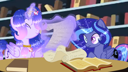 Size: 3099x1743 | Tagged: safe, artist:existencecosmos188, oc, oc only, oc:existence, alicorn, pony, alicorn oc, book, bookshelf, ethereal mane, female, glowing, glowing horn, heterochromia, horn, indoors, magic, mare, parent:princess luna, scroll, starry mane, telekinesis, wide eyes, wings