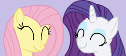 Size: 715x317 | Tagged: safe, artist:jadeharmony, artist:kianauva12, fluttershy, rarity, pegasus, pony, unicorn, g4, alternate hairstyle, base used, duo, eyes closed, female, lesbian, mare, purple background, ship:flarity, shipping, simple background