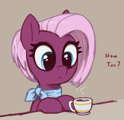 Size: 2150x2070 | Tagged: safe, artist:t72b, jasmine leaf, earth pony, pony, g4, cup, earth pony problems, female, food, high res, looking at something, mare, neckerchief, simple background, sitting, solo, tea, teacup